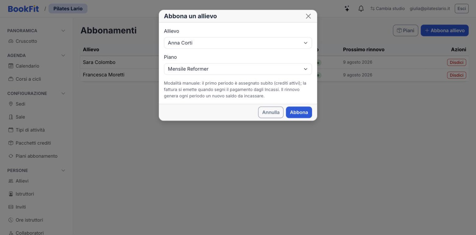 Finestra «Abbona un allievo» con la scelta dell’allievo e del piano