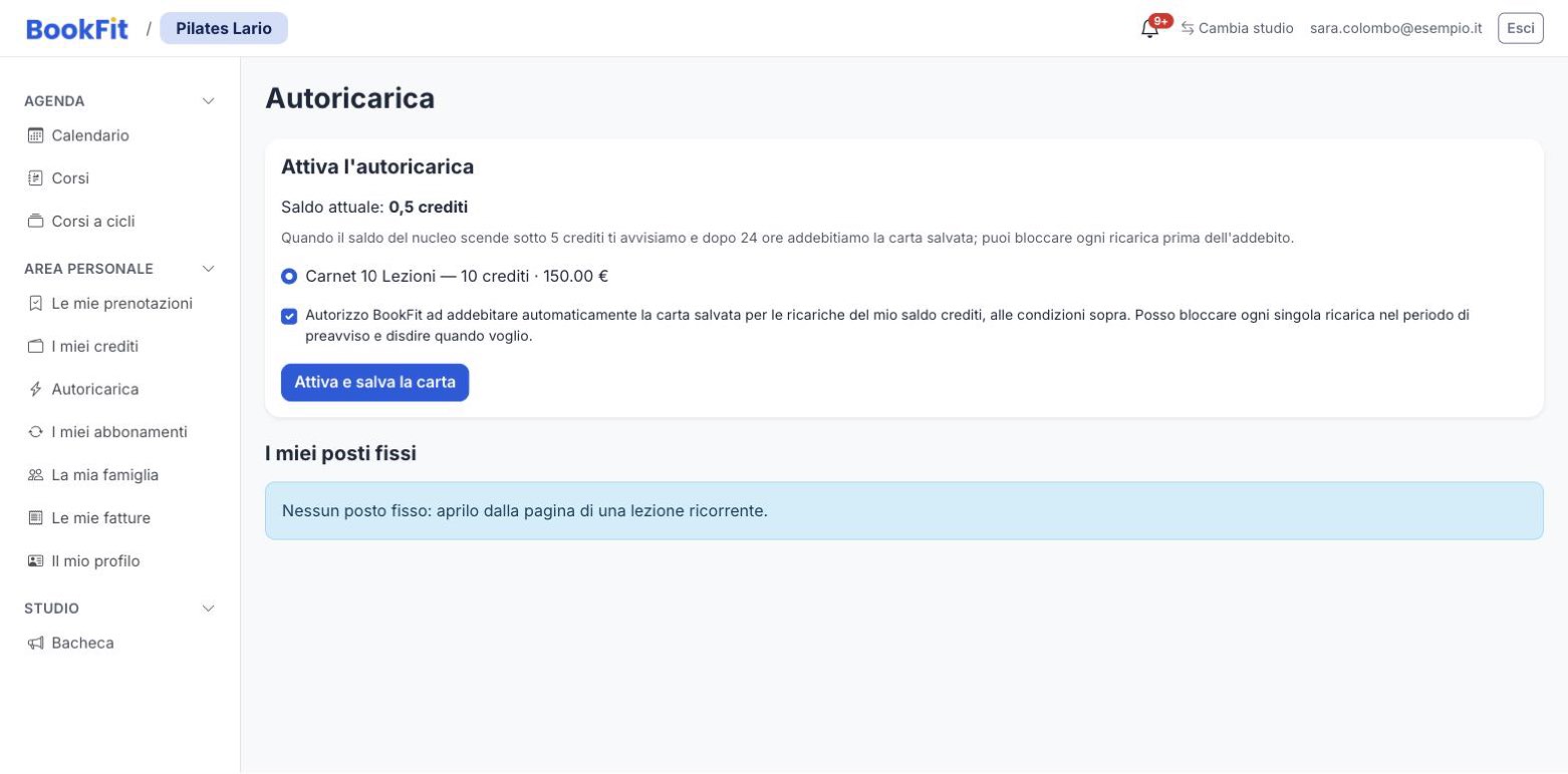 Pagina Autoricarica dell’allievo: scelta del carnet, autorizzazione e pulsante «Attiva e salva la carta»