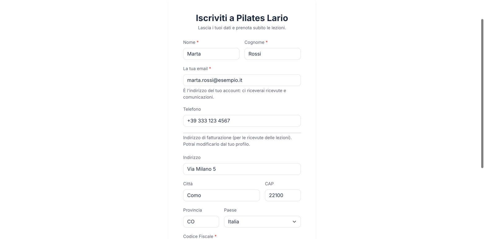 Pagina di iscrizione allo studio con nome, email, telefono e indirizzo per la fattura