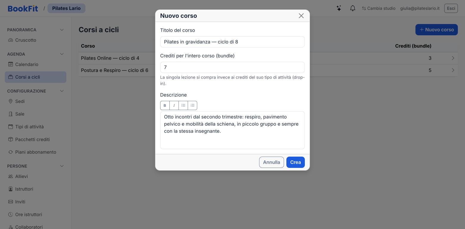 Finestra «Nuovo corso» con titolo, crediti per l’intero corso e descrizione