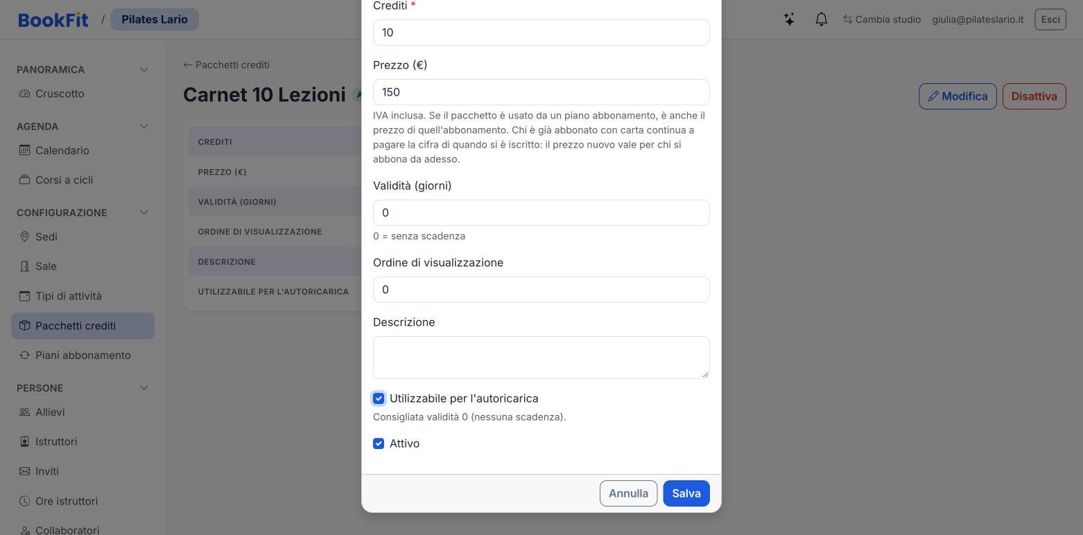 Scheda di un pacchetto crediti con la spunta «Utilizzabile per l’autoricarica»