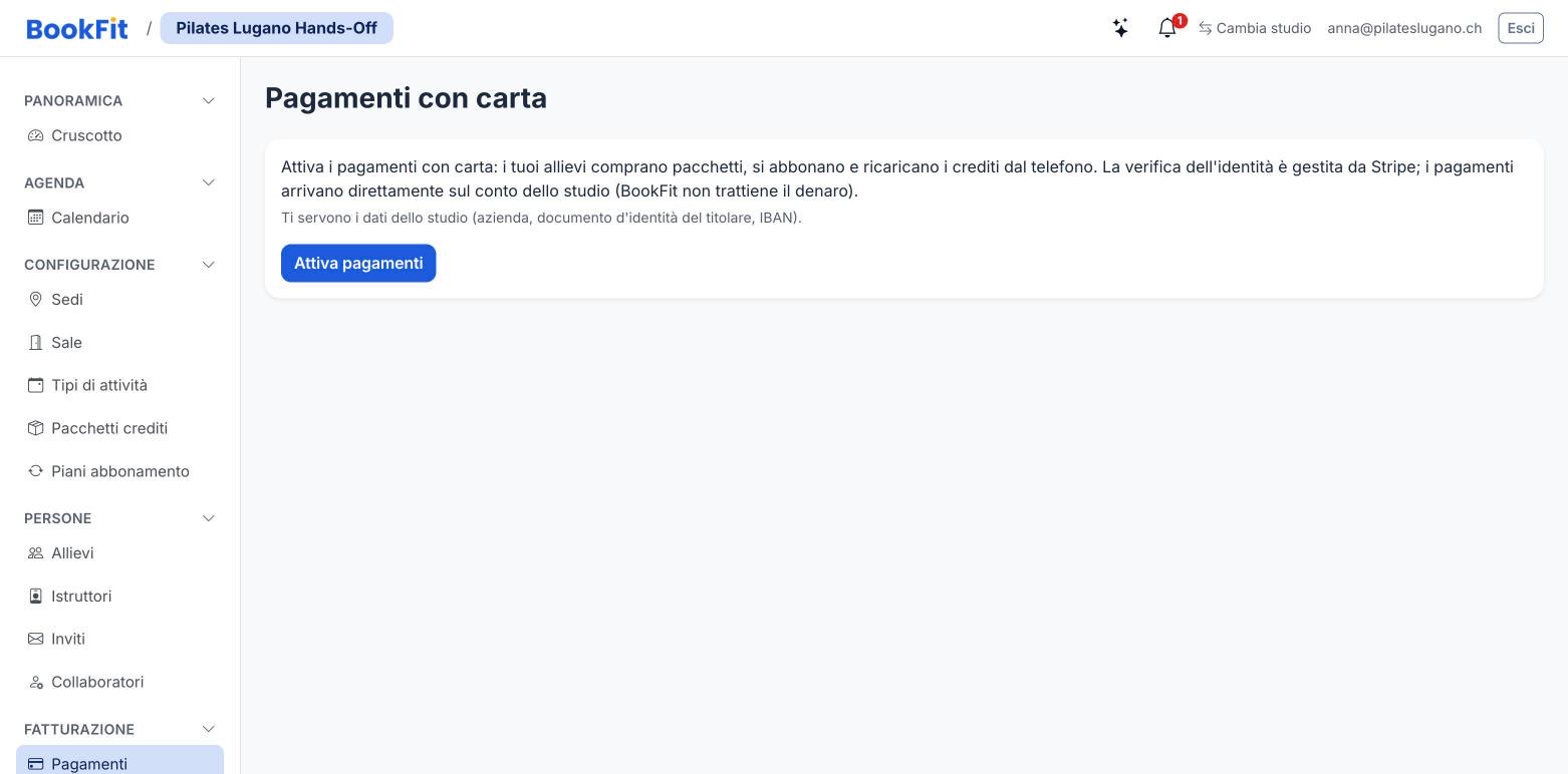 Pagina Pagamenti con carta ancora da attivare, con il pulsante «Attiva pagamenti»