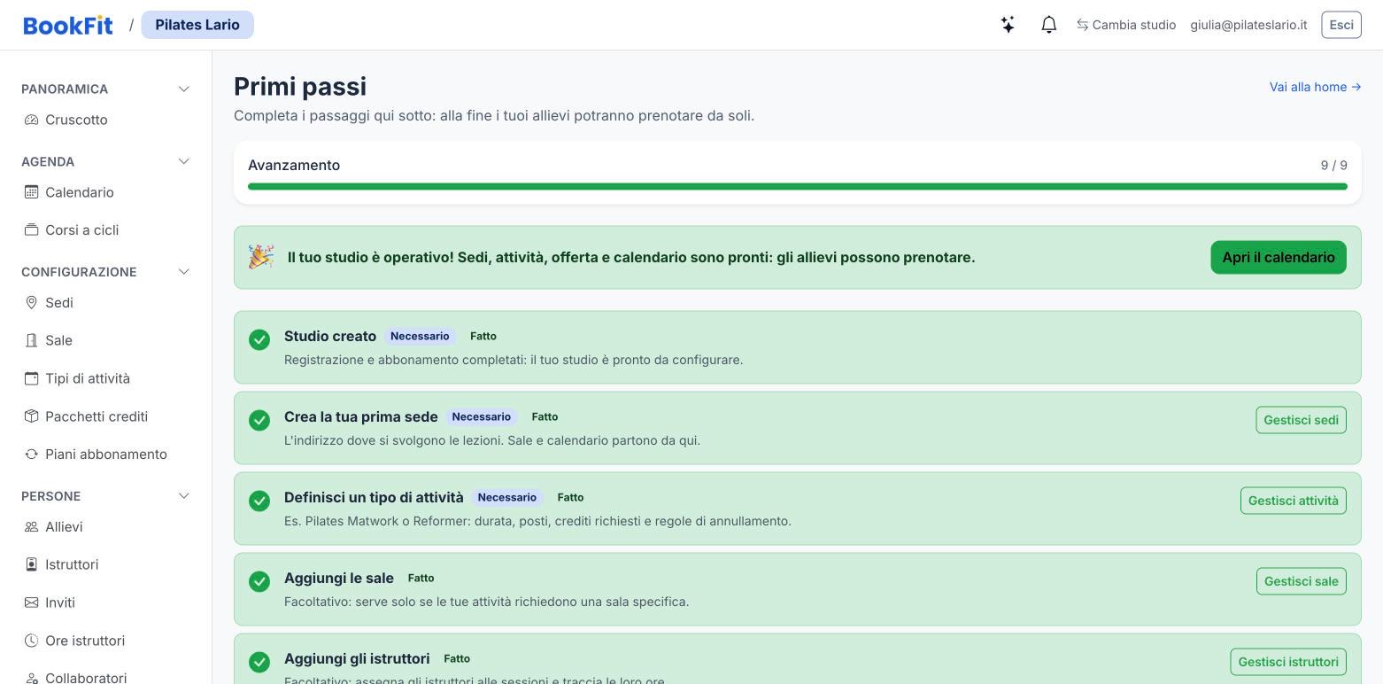 Lista «Primi passi» con avanzamento, passi necessari e facoltativi e il loro stato