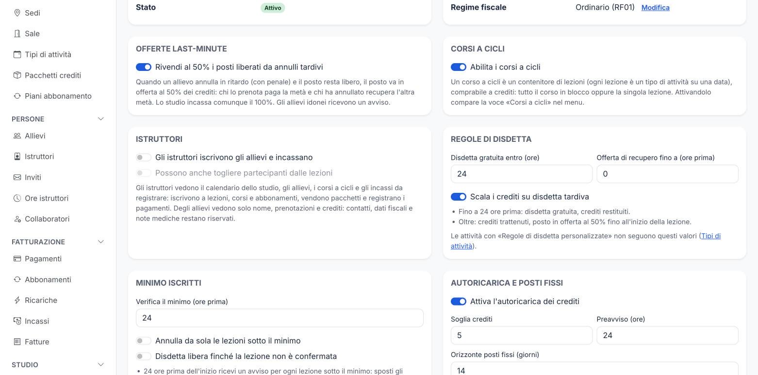 Impostazioni dello studio: riquadri delle regole di disdetta, delle offerte last-minute e del minimo iscritti