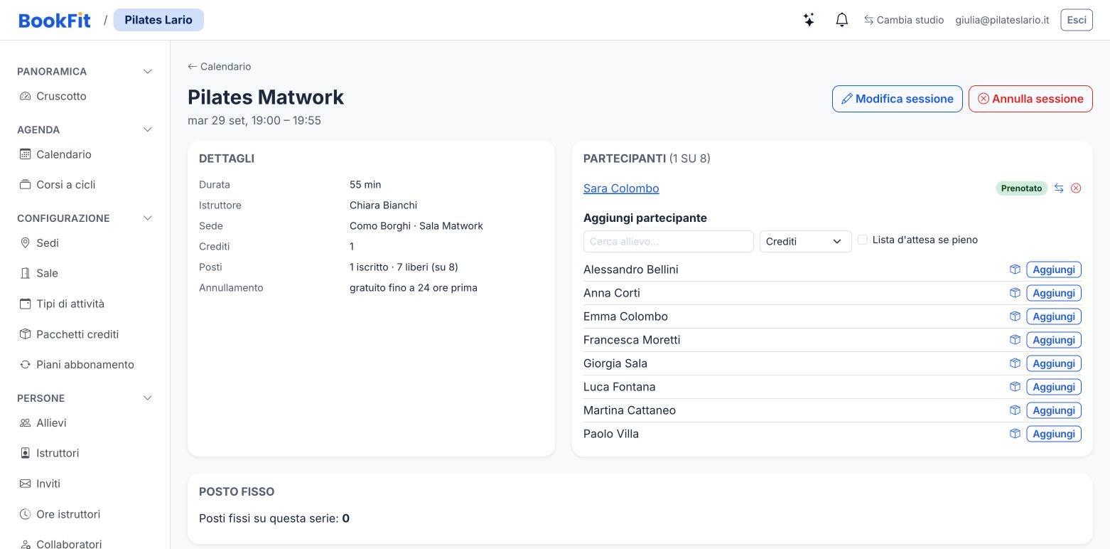 Pagina di una lezione vista dallo studio, con gli iscritti e i pulsanti per spostarli
