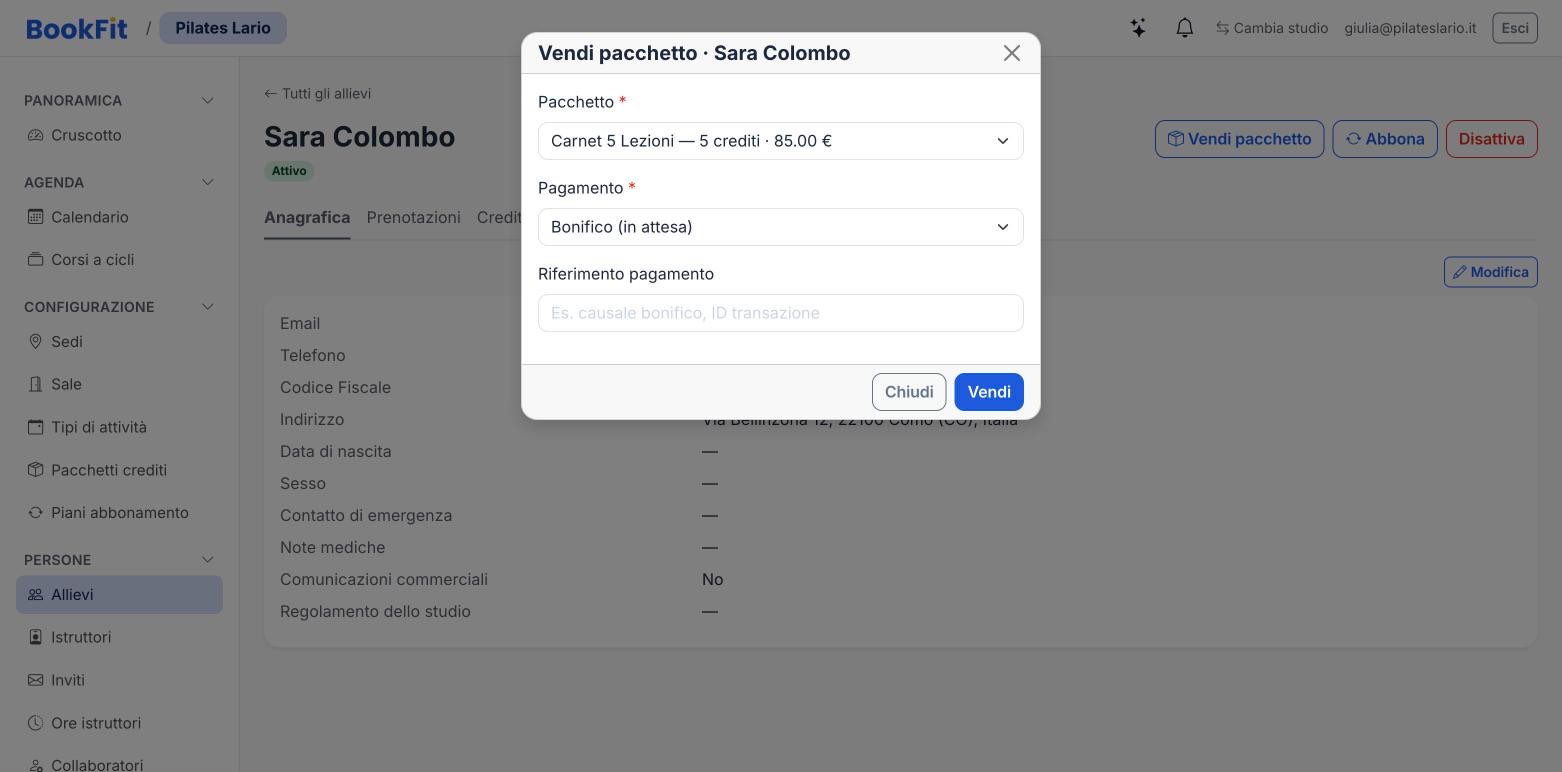 Finestra «Vendi pacchetto» con la scelta del pacchetto e del modo di pagamento
