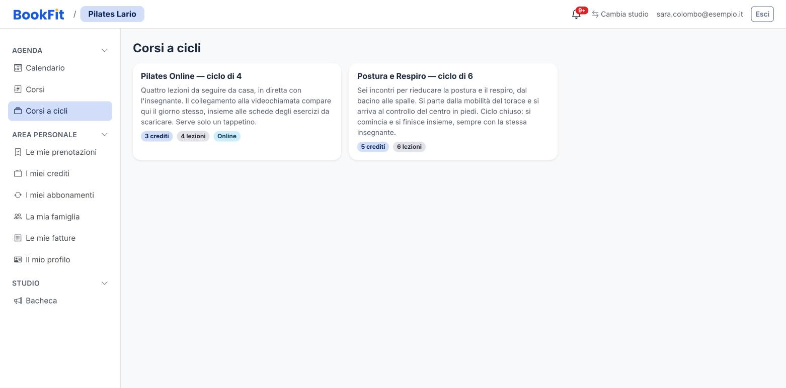 Catalogo dei corsi a cicli visto dall'allievo, con crediti, numero di lezioni e indicazione Online