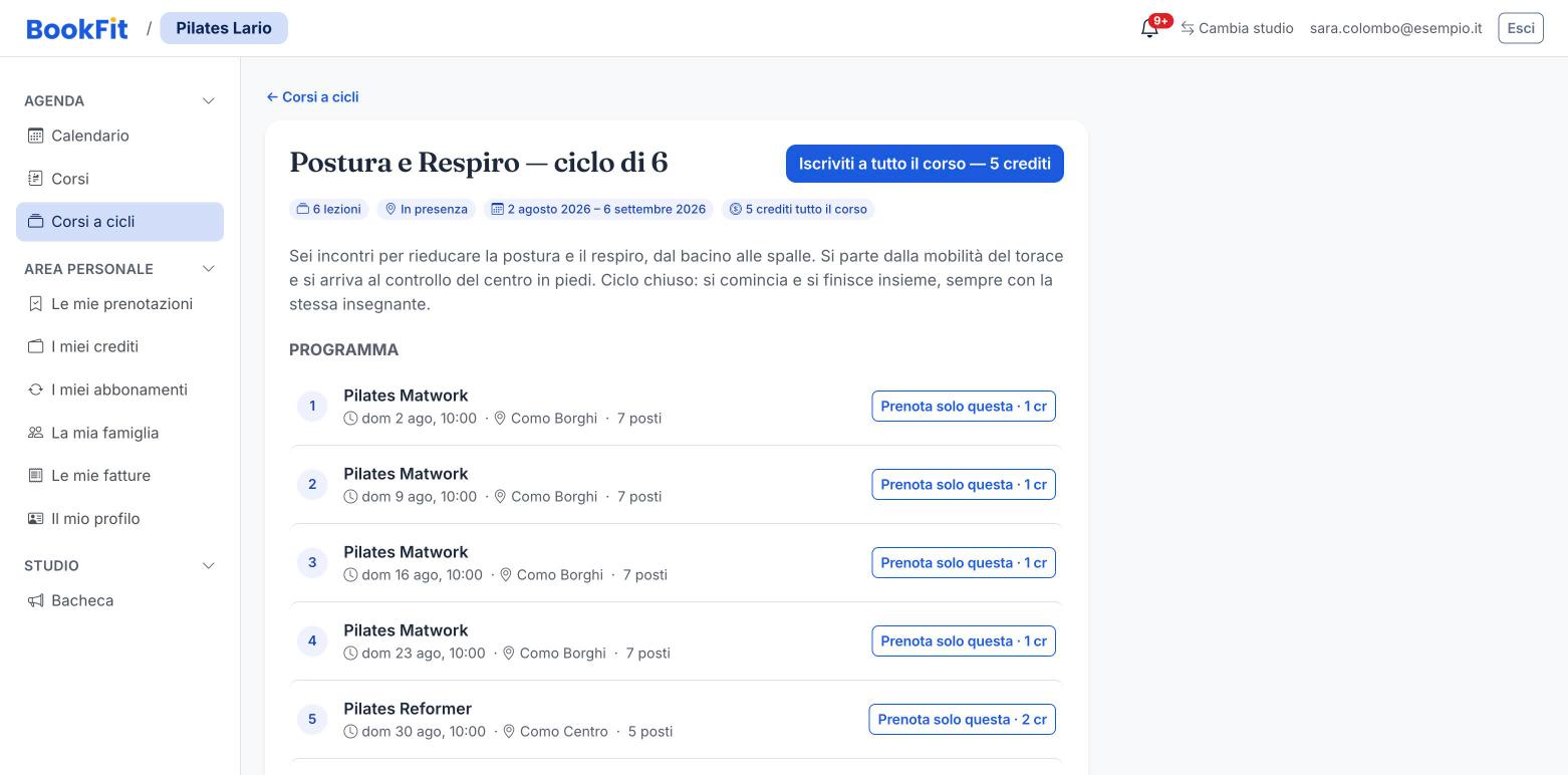 Scheda di un corso a cicli con il programma delle lezioni e il prezzo dell’intero ciclo
