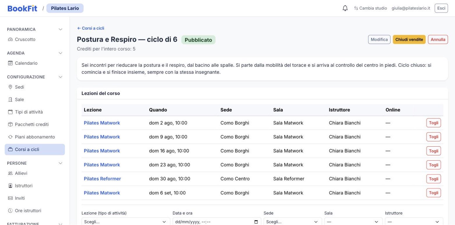 Editor di un corso a cicli: elenco delle lezioni con attività, data, sede, sala e istruttore