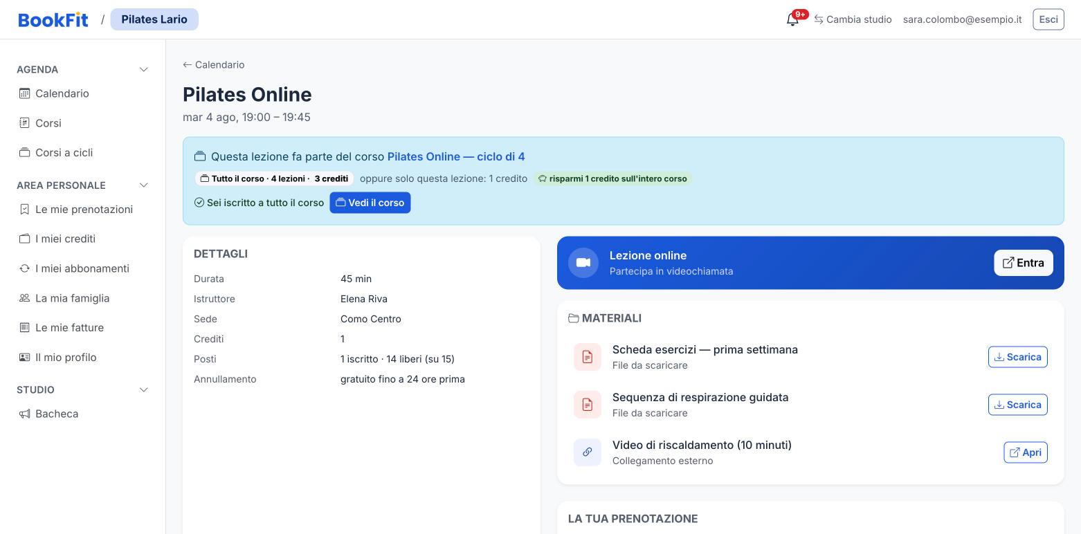 Lezione online con il pulsante per entrare in videochiamata e i materiali da scaricare