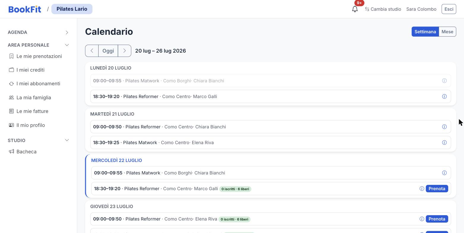 Vista allievo: prenotazione di una lezione dal calendario